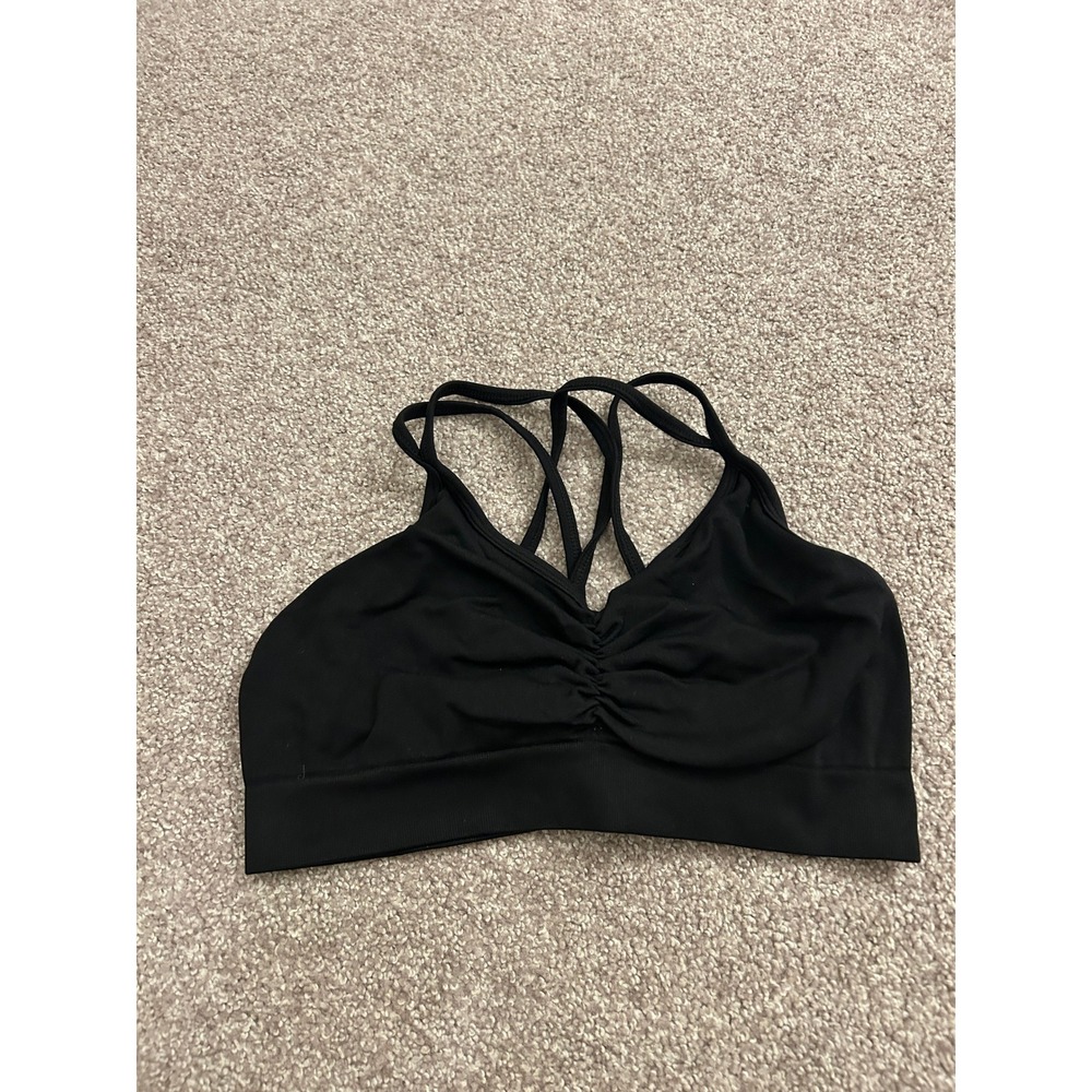 Sports Bra Womens Medium Black Excellent Strappy Ruched V-Neck
